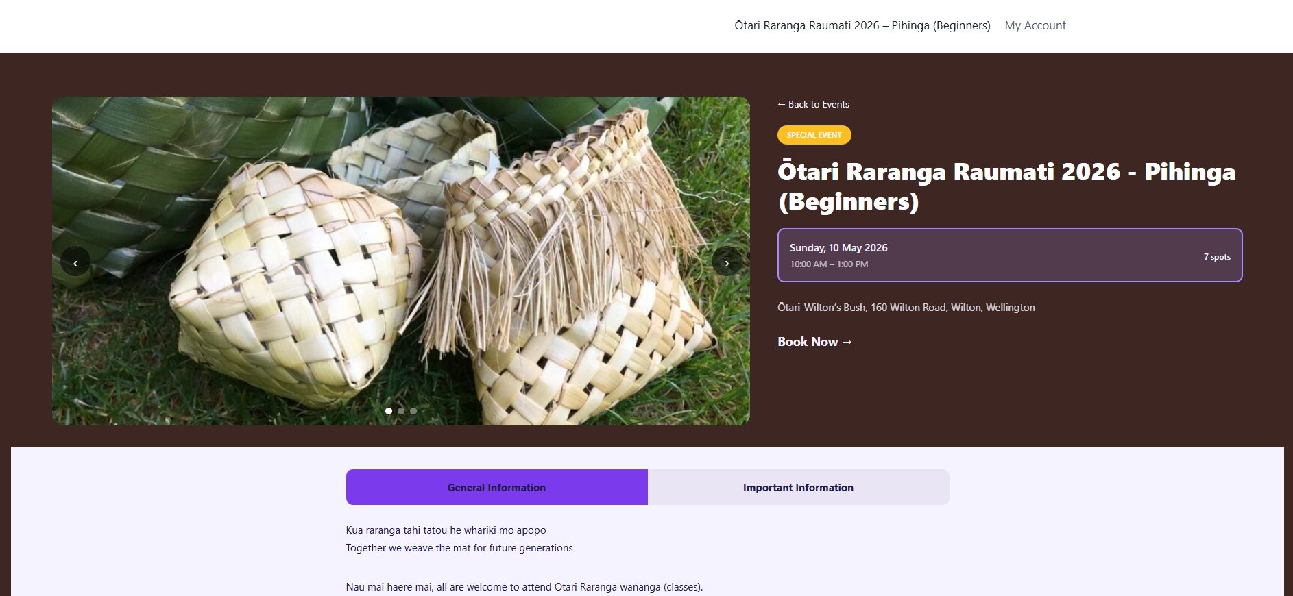 Ōtari Raranga event detail page — multi-image gallery, dual-tab info, booking CTA
